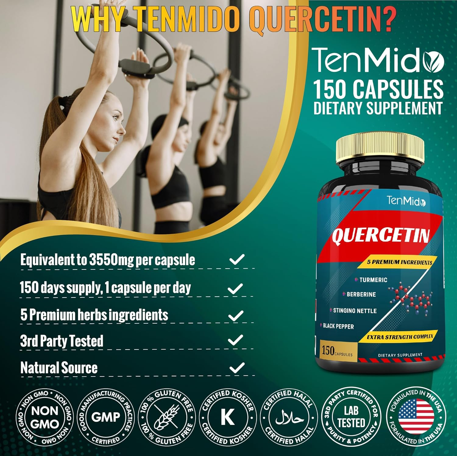 Quercetin Capsules 3550Mg, 5 Months Supply & Berberine, Stinging Nettle, Turmeric, Black Pepper | Promotes Cardiovascular, Respiratory Health, Supports Immune | Powerful Antioxidant, anti Inflammatory image number 5