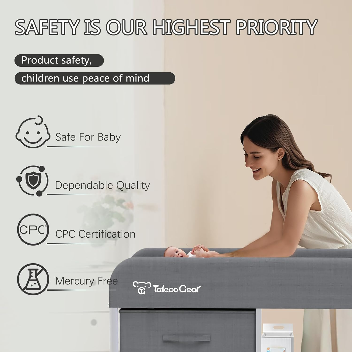 Baby Changing Table, Portable Changing Table, Diaper Changing Station with Waterproof Pad, Changing Table Dresser with 3 Storage Baskets, Mobile Nursery Organizer for Newborn Essentials