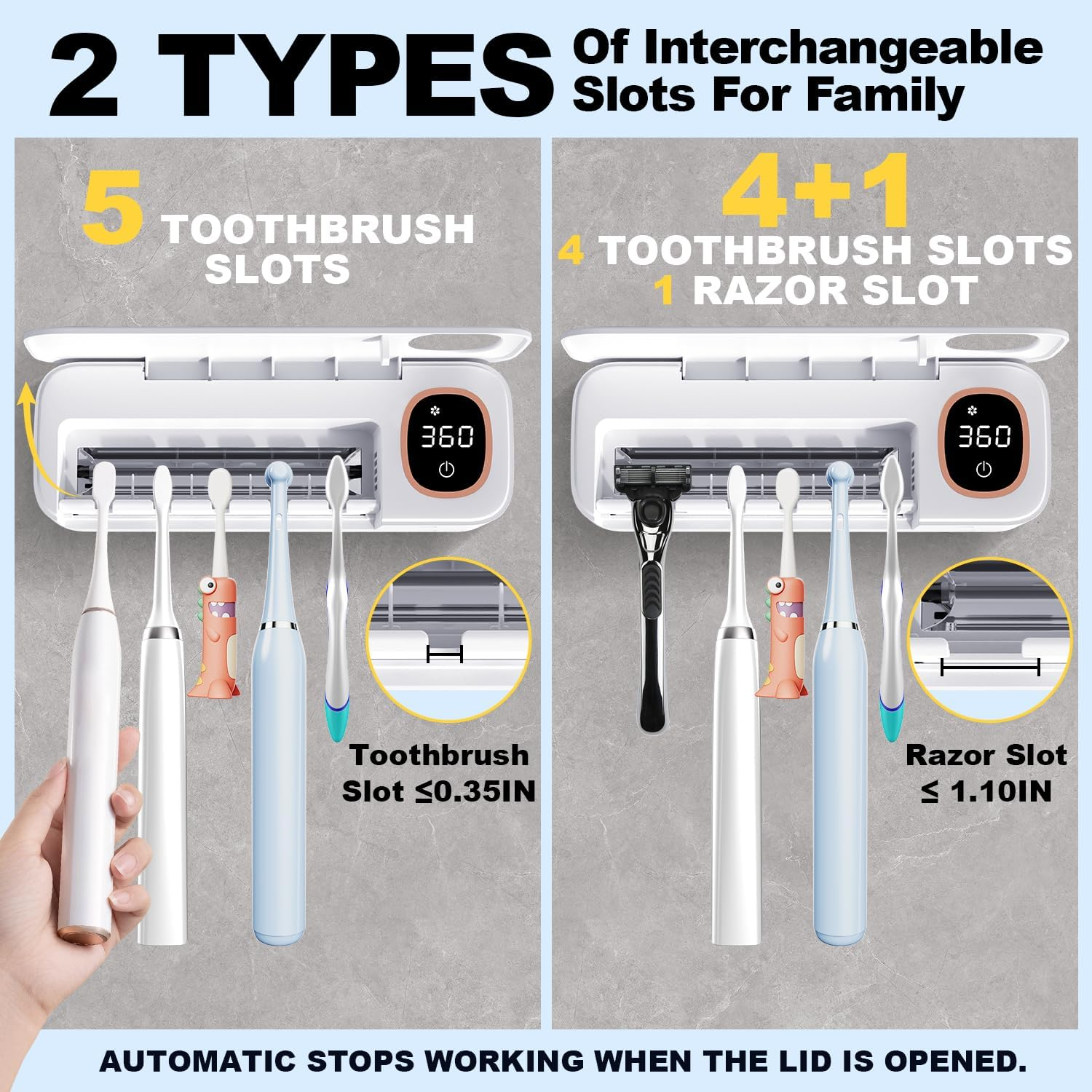 Toothbrush Holder, DRMXBU UV Electric Toothbrush Sanitizer Holder Wall Mounted for Bathroom with Light Clean Air Dry, Tooth Brush Holder with 5 Slots for Family, LED Timer Toothbrush Cleaner Case image number 5