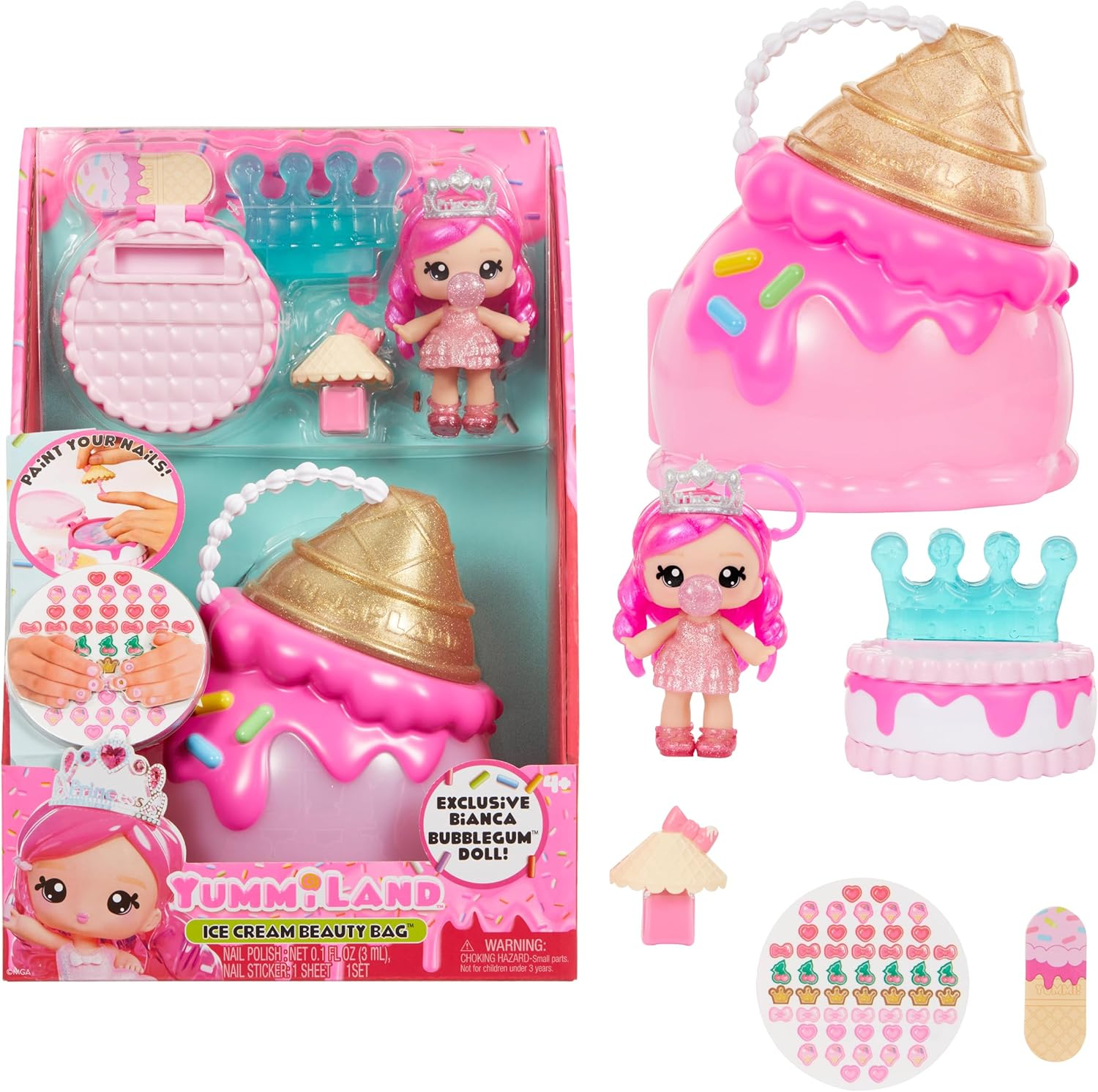 Yummiland Beauty Bag Playset + Lip Gloss Doll - Cupcake Bag Includes Exclusive Callie Birthday Cake, Nail Polish + Nail Stickers, Body Shimmer, Doll Playset, Cosmetic Play 4+