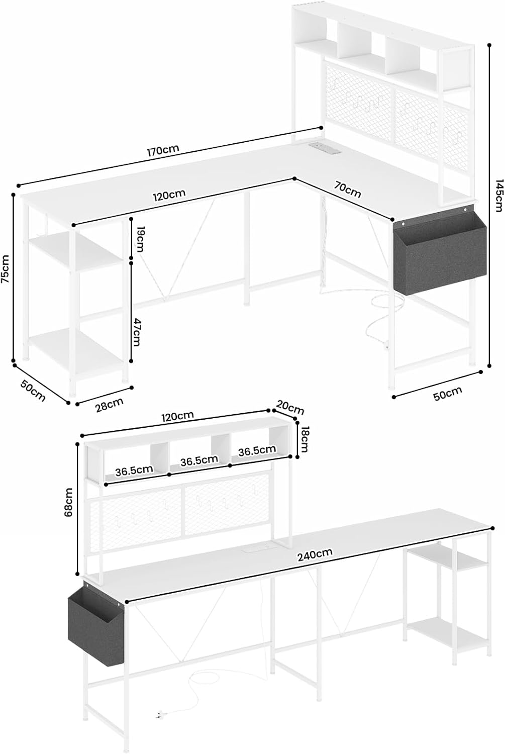Advwin 170Cm L Shaped Gaming Desk with LED Lights & Power Outlets Reversible Computer Desk with Storage Shelf Corner Desk 2 Person Gaming Table with Pegboard and Storage Shelves White