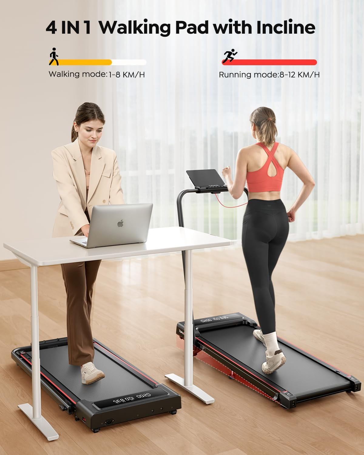 TOPUTURE 4 in 1 Foldable Walking Pad Treadmill with Incline and Handle Bar, 2.5HP with Dual Display and Mute Control, under Desk Treadmills for Home with App Bluetooth Folding Treadmill image number 2