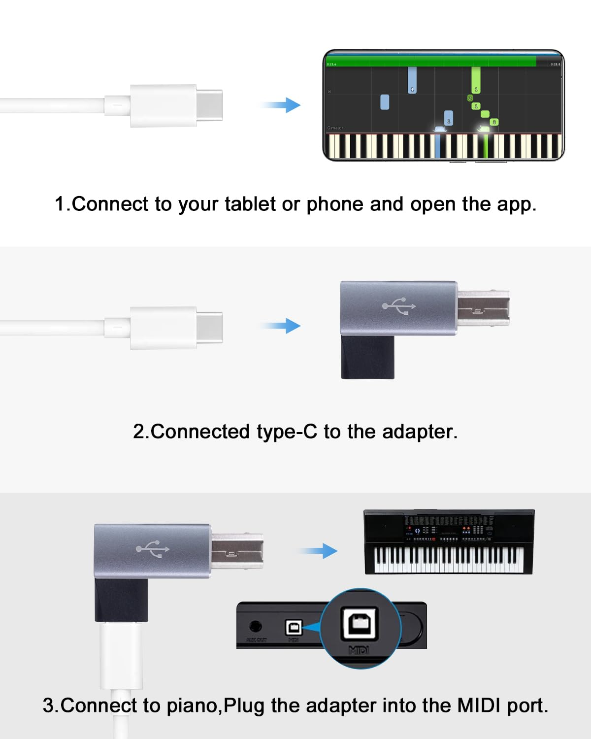 Danfetsoy 90 Degree USB C Female to USB B Male Adapter, 90 Degree Right Angle Type C Female to MIDI Converter, Suitable for Printer, Electric Piano, Laptops and More Type-C Devices (2Pack, Grey) image number 5
