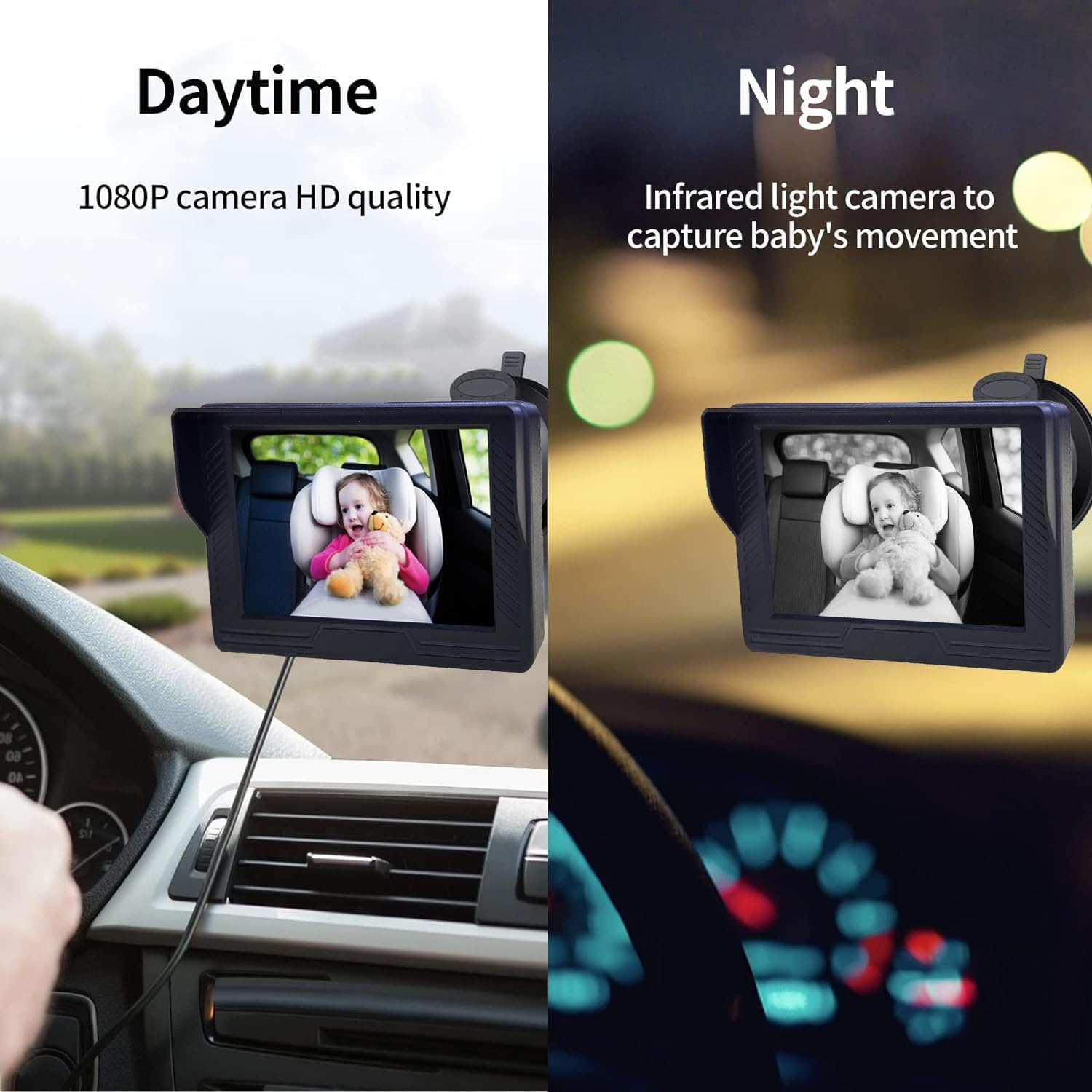 B-Qtech Baby Car Camera 1080P, 4.3'' HD Baby Car Mirror Monitor, 360&deg; Adjustable HD Night Vision with 150&deg; Wide View, Essentials for Newborn, Observe Every Movement of Baby image number 1