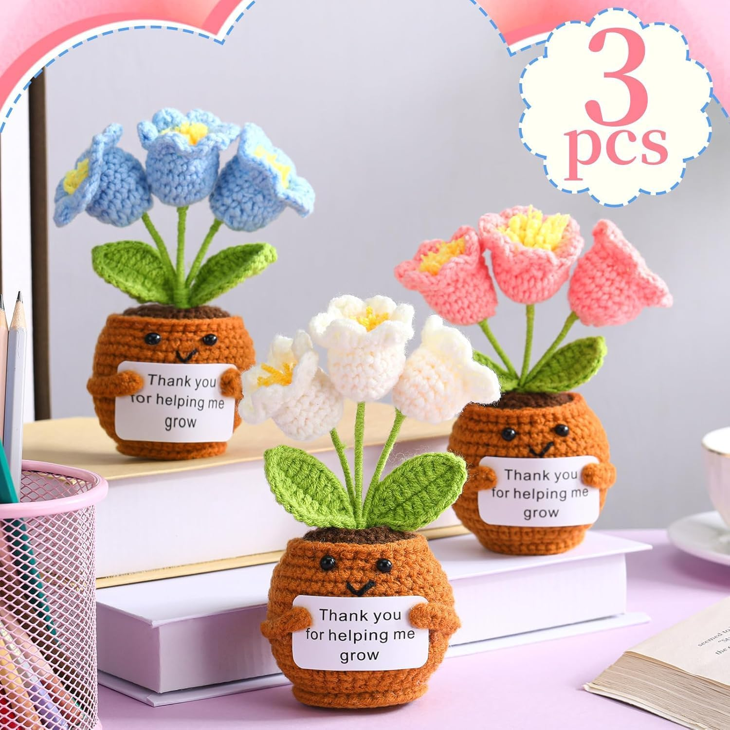 3 Pcs Teacher Appreciation Gifts, Crochet Doll with Card Thank You for Helping Me Grow Teacher Thank You for Birthday Home Office Decor(Bell Orchid) image number 6