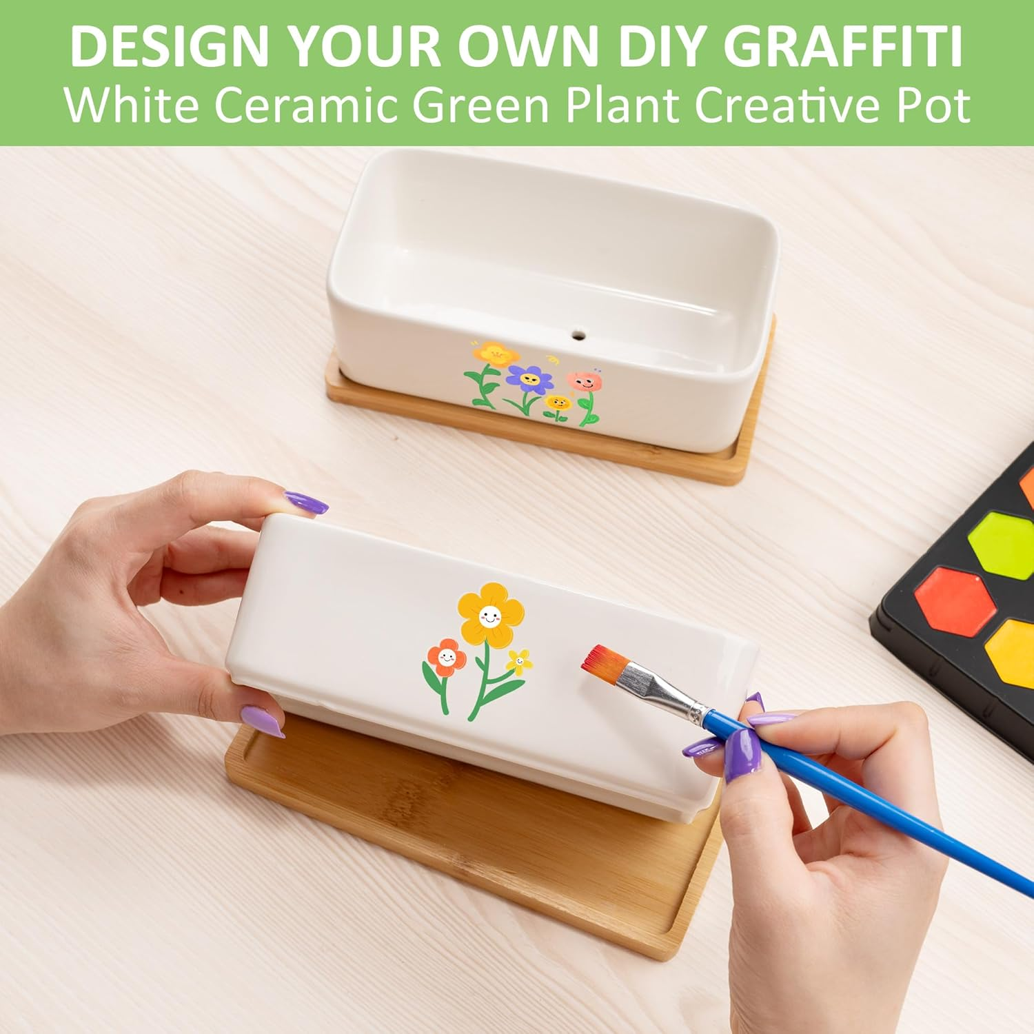 2 PCS Succulent Pot Cactus Containers White Ceramic Planter with Drainage Hole and Removable Tray Small Plant Pots for Home Office Decor Bonsai Container for Indoor Outdoor Plants (Rectangle)