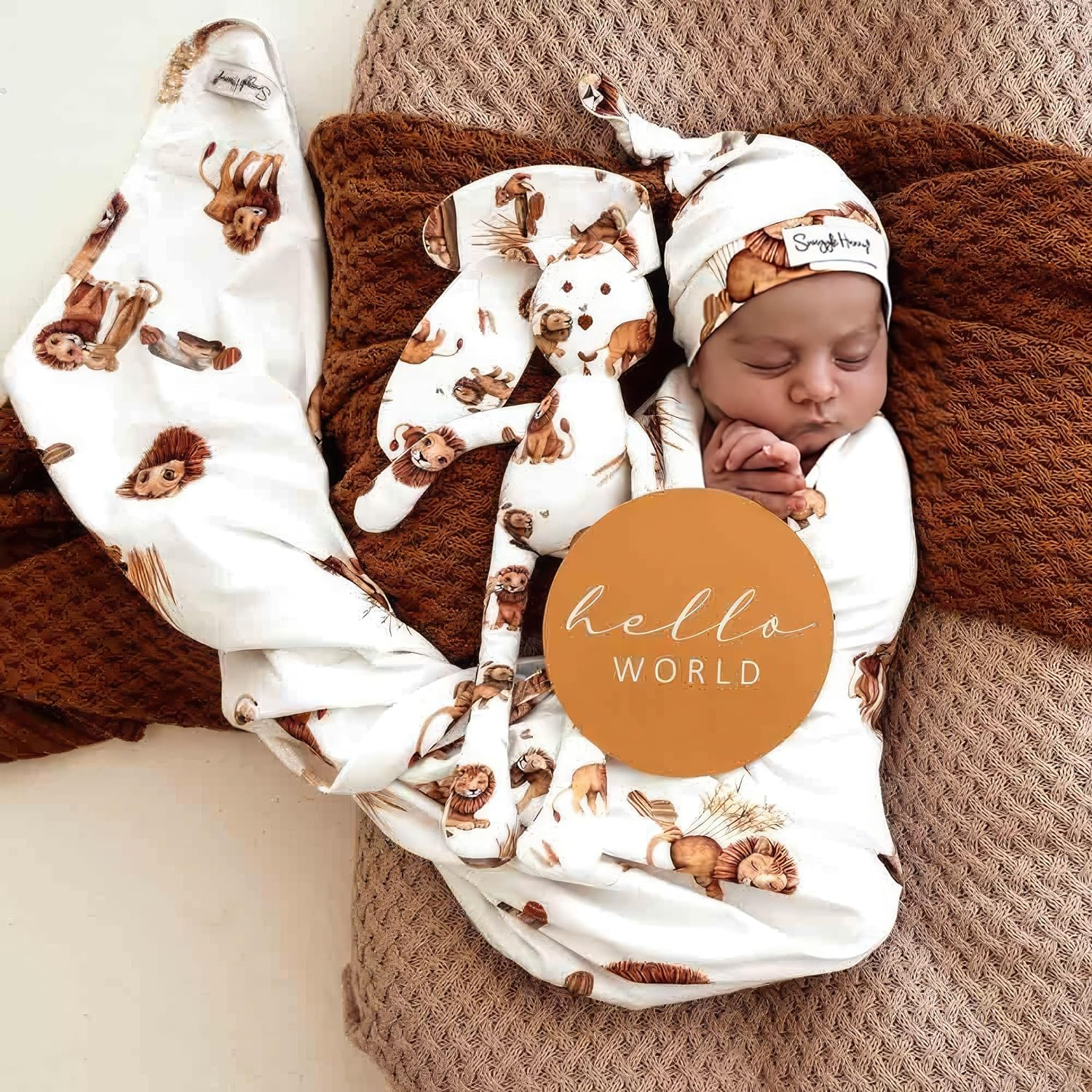 Snuggle Hunny Baby Wrap & Beanie Set, Soft Baby Swaddle Jersey Wrap & Matching Beanie, Lion Design image number 1