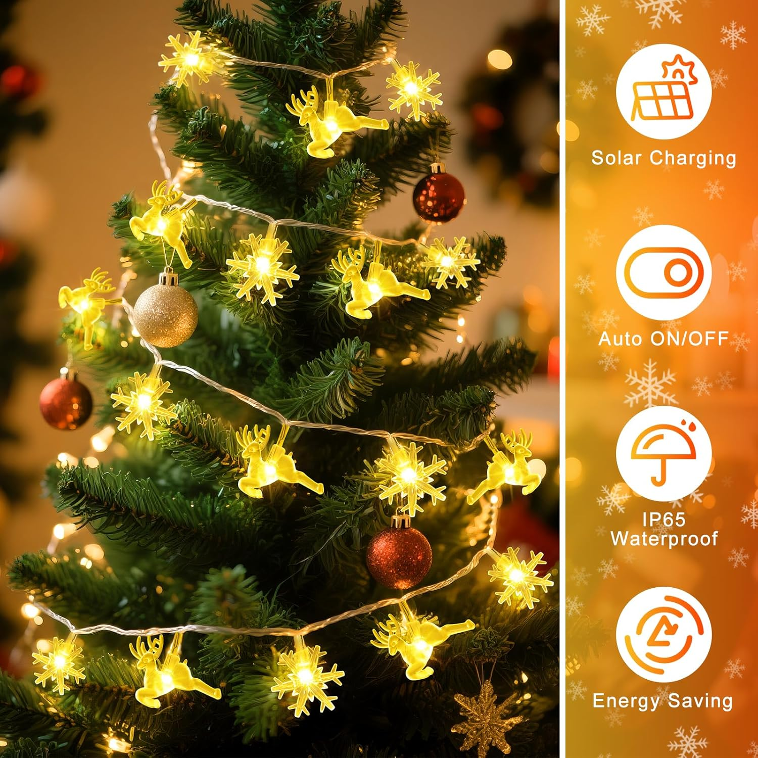Qoosea Solar Snowflake Fairy Lights Christmas Outdoor, 7 M 50 LED Reindeer Solar Christmas Lighting IP65 Waterproof, 8 Modes Solar Lights, Christmas Decoration for Garden, Balcony, Wedding, Warm White