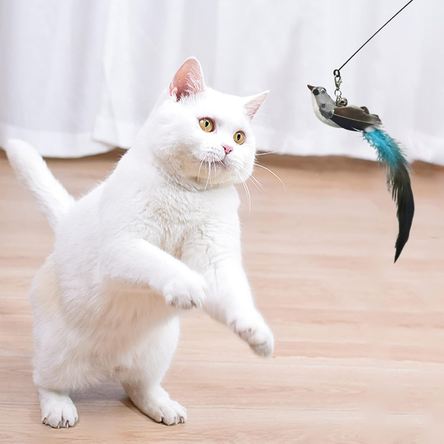 Andiker Interactive Cat Toy with Bell, Cat Wand with 2 Artificial Birds Replacement, Cat Feather Wand for Playing and Training, Funny Cat Sticks for Indoor and Outdoor Exercise (Blue+Brown) - Blue+Brown image number 5