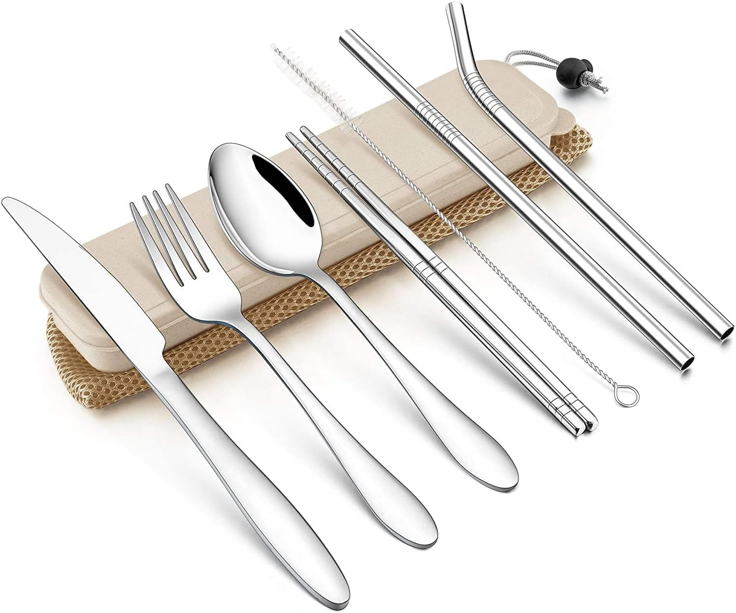 8PCS Portable Stainless Steel Straw Tableware Dinnerware Travel Camping Cutlery Green