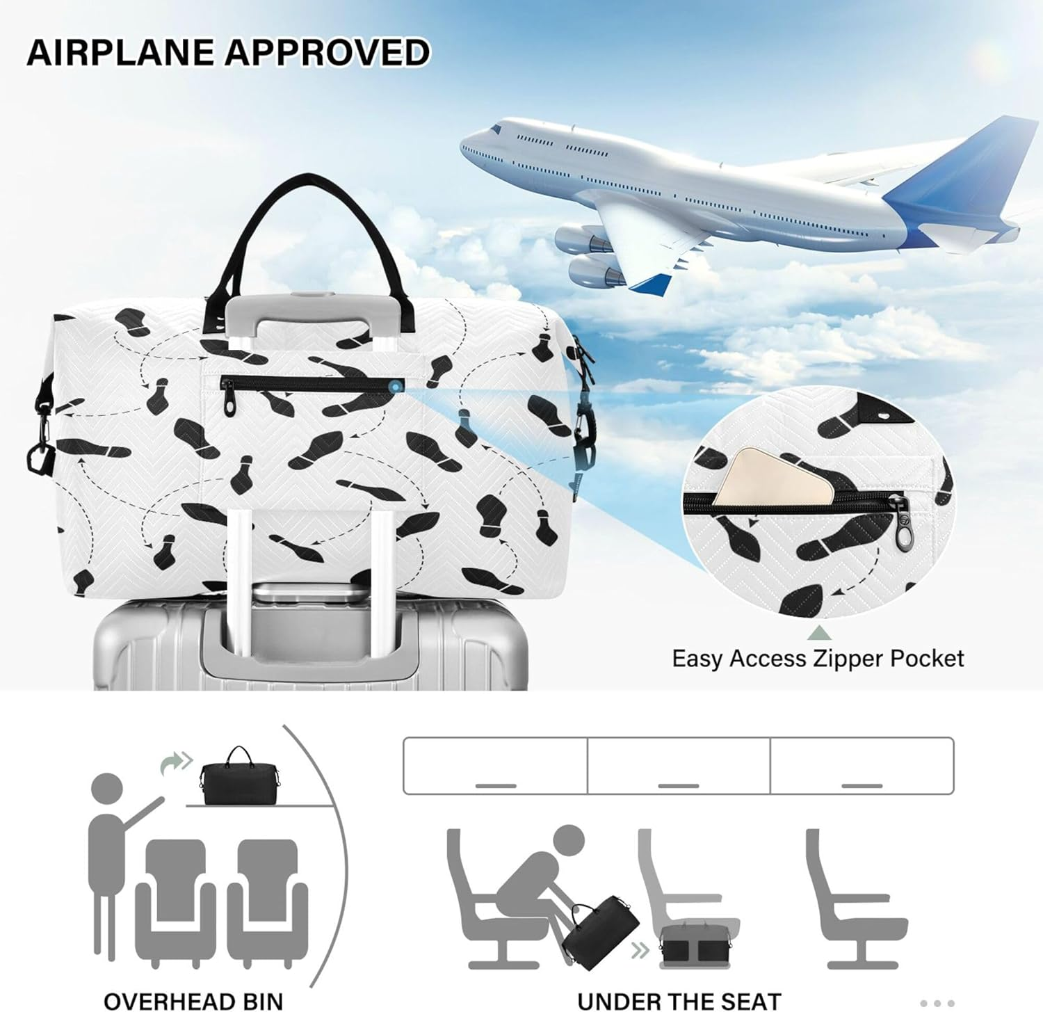 Luggage Travel Bag Sports Tote Gym Bag Carry on Bag with Toiletry Bag for Yoga 2 Pcs Set Dance Steps, Multi, One Size, Modern/Fitted, Multi, One Size, Modern/Fitted image number 3