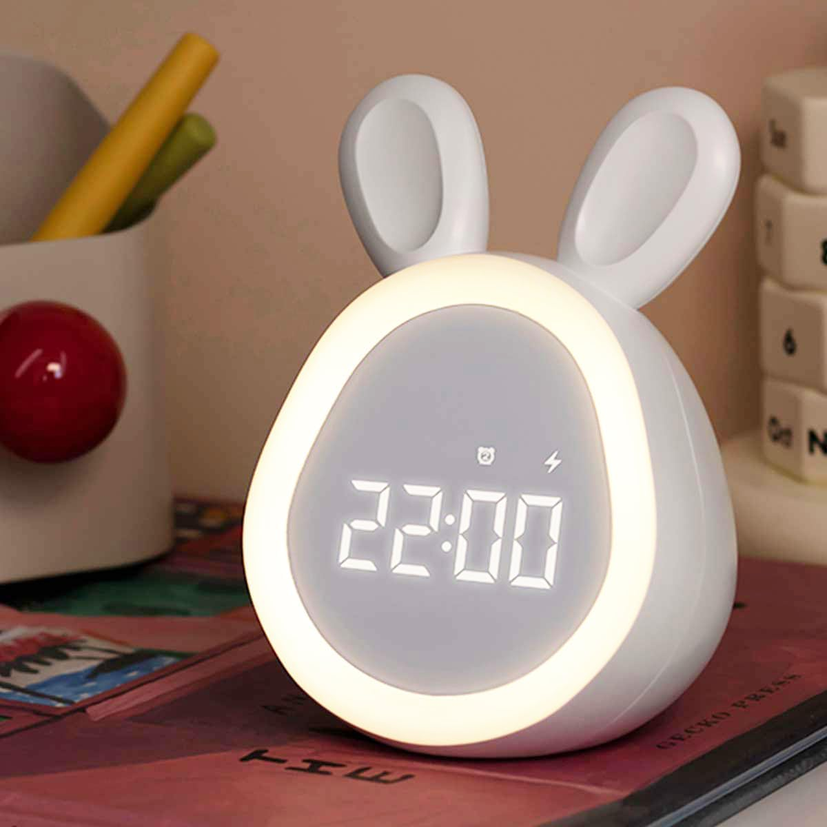 Bunny Alarm Clock Night Light for Kids with Temperature Brightness Adjustable and Time Display, Rechargeable, Timing Function, Non-Flickering Eye-Caring LED Warm Light (Light Pink)
