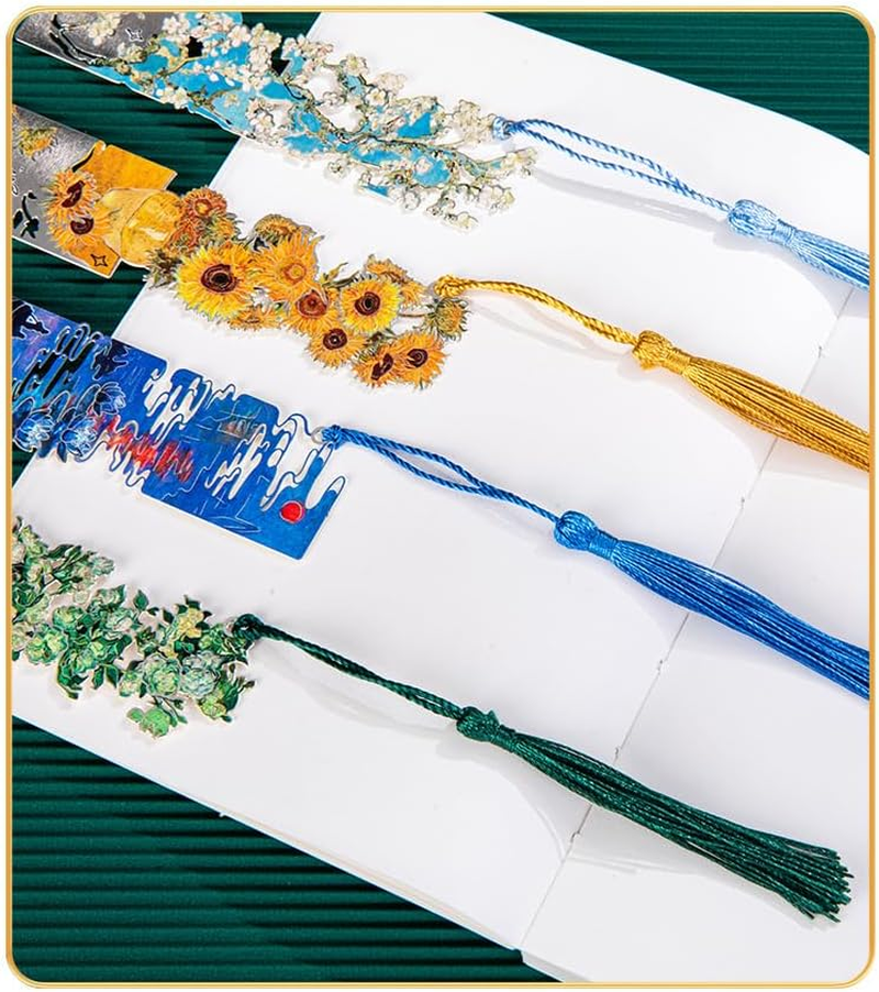 4 PCS Metal Bookmarks with Tassel for Reading Women, 4 Pretty and Beautiful Retro Floral Flower Oil Painting Design Book Page Markers for Reading image number 5