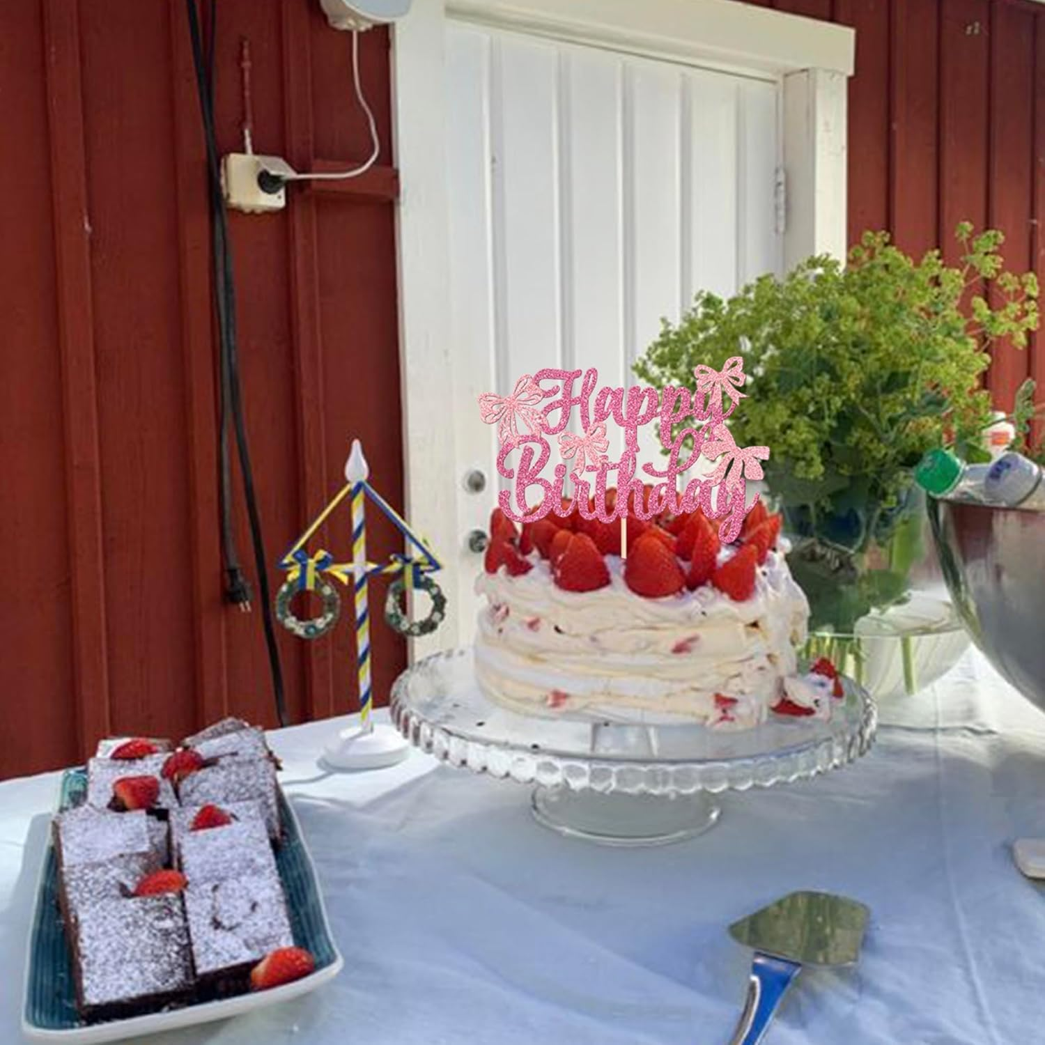 SYKYCTCY 1 Pack Bow Happy Birthday Cake Topper Glitter Coquette Cake Pick Decorations for Girls Women Birthday Theme Baby Shower Party Supplies (Pink) - Pink image number 6