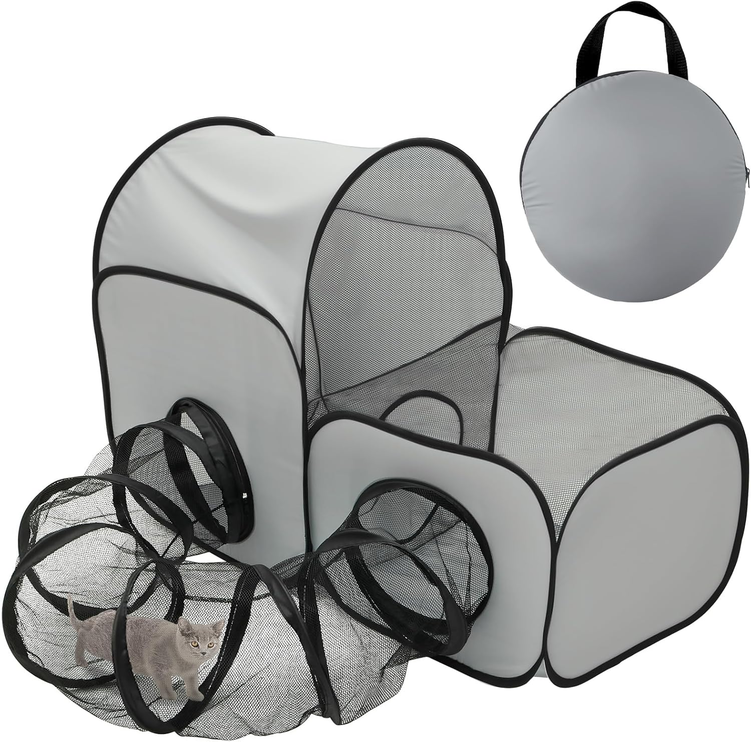 Cat Playpen with Surround Tunnel, Outdoor Cat Enclosure with Storage Bag, Foldable Pet Playpen for Small Animals, Breathable Pet Tent Outdoor for Backyard, Camping, Travel (Color B)