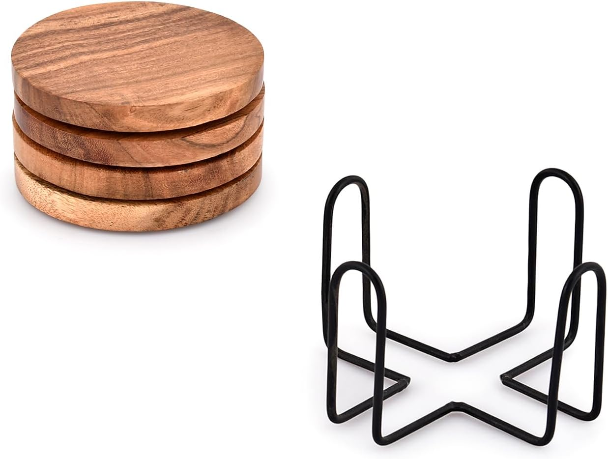 EDHAS Acacia Wood Coasters for Drinks with Iron Holder Stand for Coffee Table, Tabletop Protection Decor, Set of 4