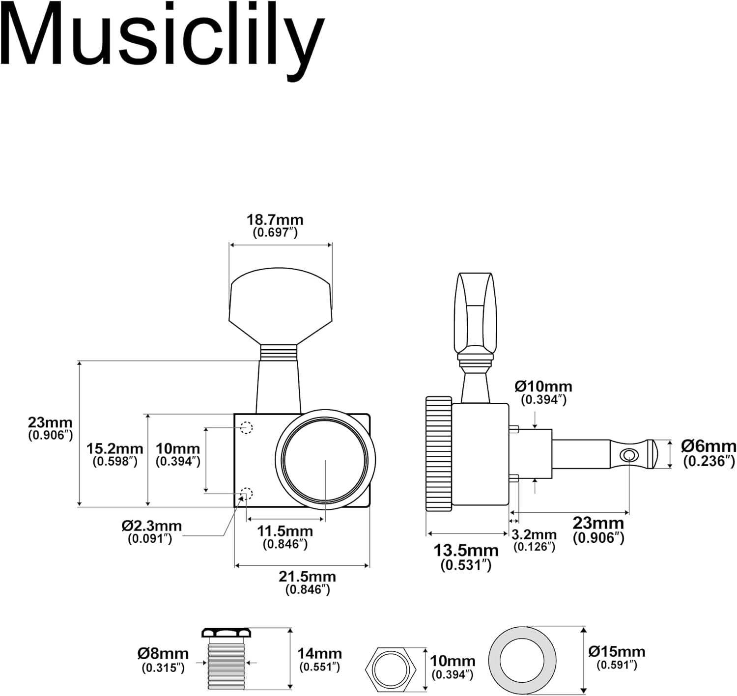 Musiclily Pro 6 Inline 2-Pins Guitar Locking Tuners Machine Heads Tuning Pegs Keys Set for Fender Strat/Tele Electric Guitar, Black