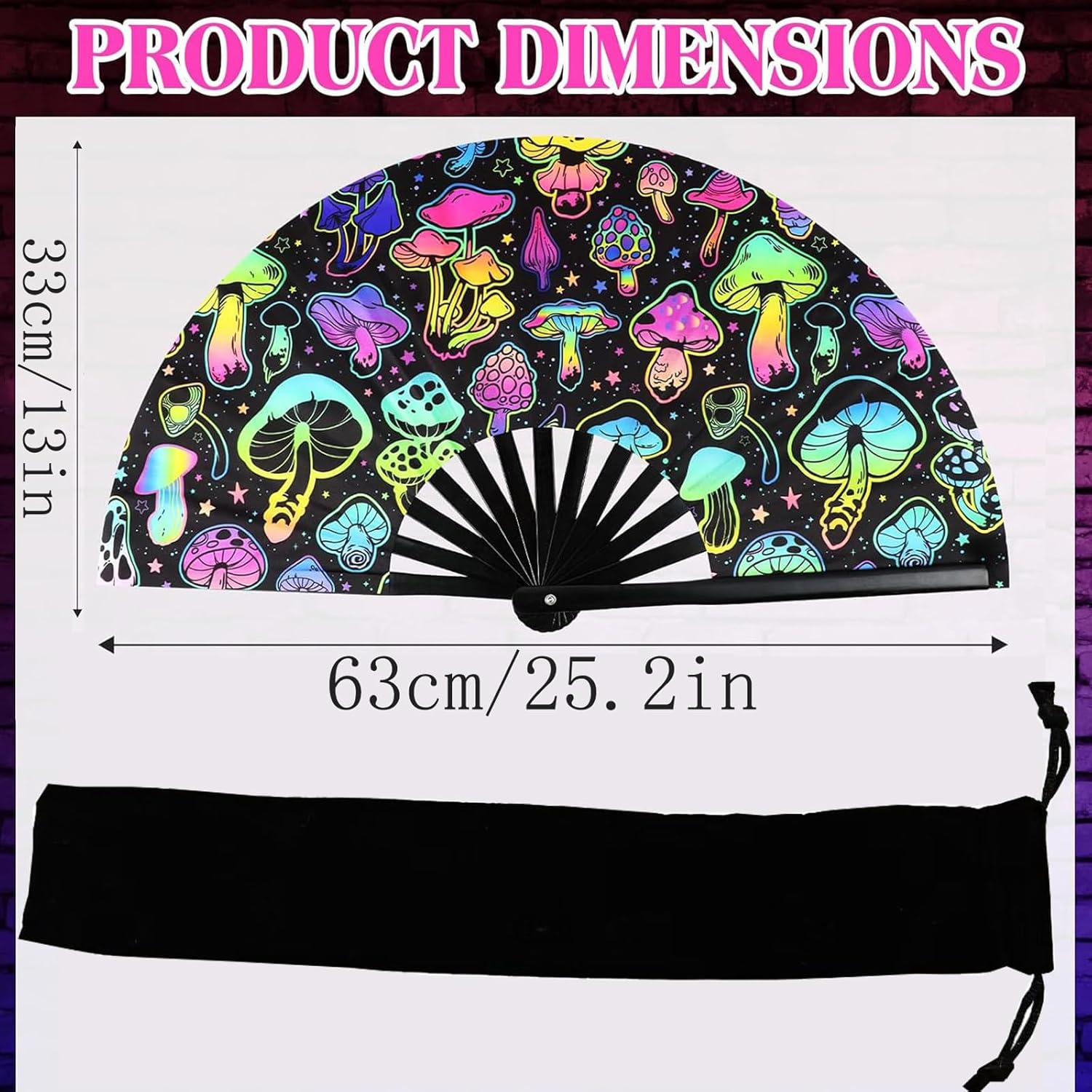 Large Rave Fan UV Glow Hand Fan with Holster for Men/Women, Disco Party Favor for Edm Music Festival Club Rave Accessories(Reflective Mushroom) image number 5