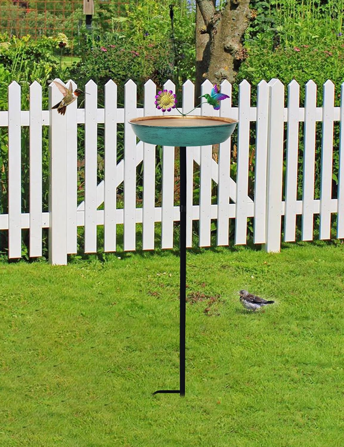 Bird Bath for Outside, 11 Inch Green&Bronze Metal Birdbath Bowl Decorated Hummingbird Flower Freestanding Garden Bird Bath Feeder Outdoor Decor Yard Art image number 2