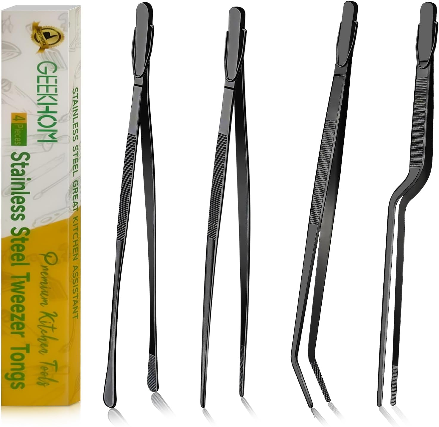 GEEKHOM Cooking Tweezers, [4 Pack] 12 Inch Fine Long Food Tongs Stainless Steel Kitchen Tongs Professional Cooking Tongs for Barbecue, Baking, Roasting, Dessert Decoration, Steak, Salad, Black image number 2