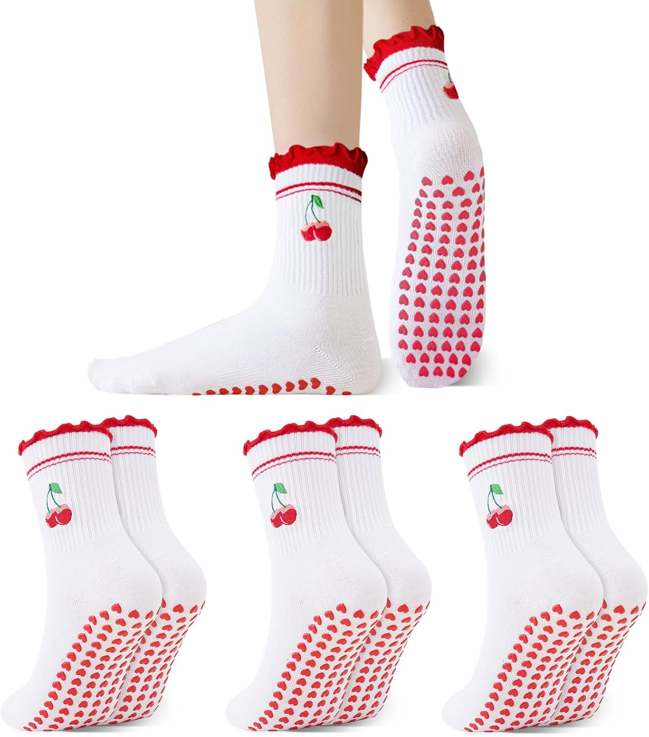 Fiohiros 3 Pairs Pilates Socks Women with Grips, Cherry Reformer Pilates Grip Socks Yoga Socks, Gym Socks for Dance, Training, Barre, Fitness, Workout