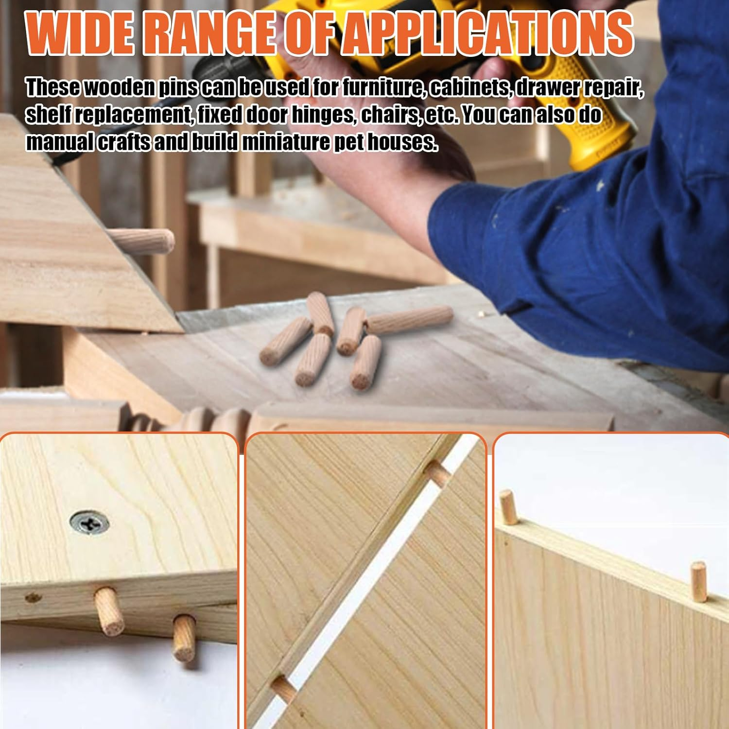 Tanstic 200Pcs 9 Sizes Wooden Dowel Pins, 6Mm 8Mm 10Mm Wood Beveled Ends Tapered Pins, Straight Groove Wooden Dowel Pins for Furniture Door Art Crafts Projects image number 6