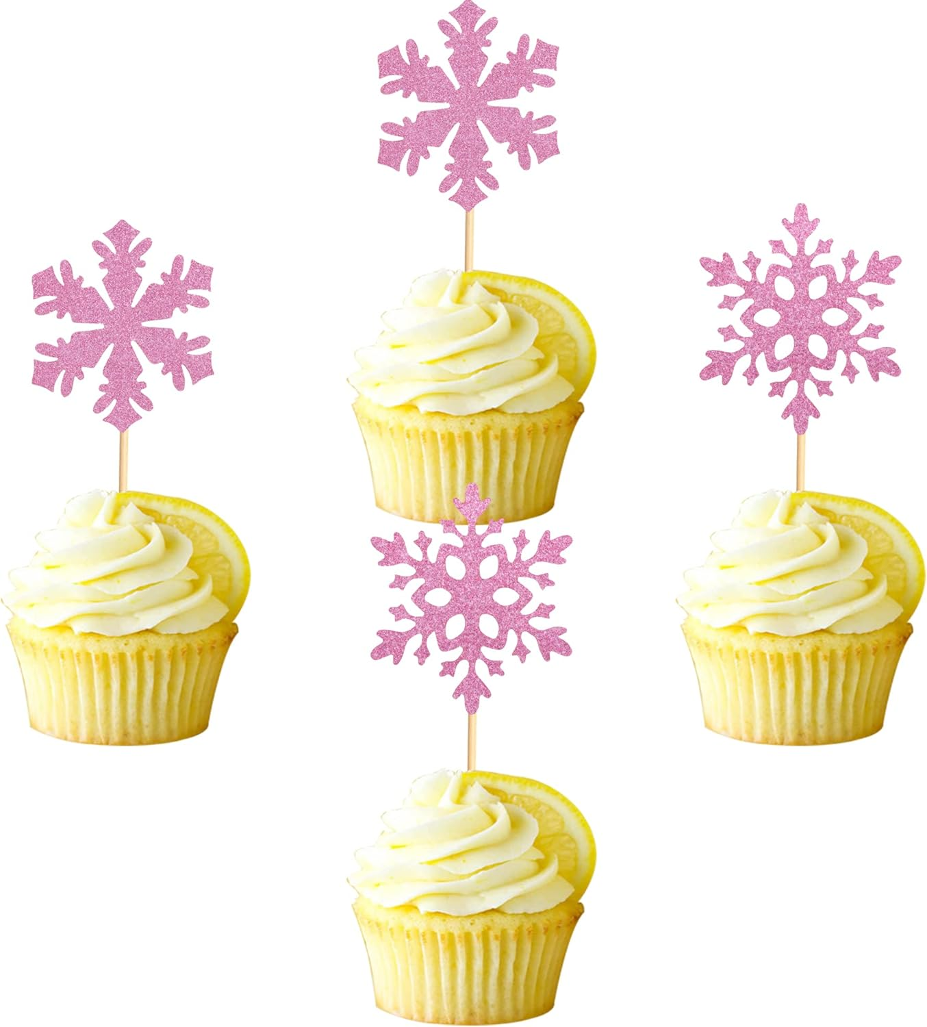 24 Pcs Snowflake Cupcake Toppers Pink Glitter 2 Styles Winter Theme Cupcake Picks Baby Shower Kids Birthday Party Christmas Cake Decorations Supplies image number 4