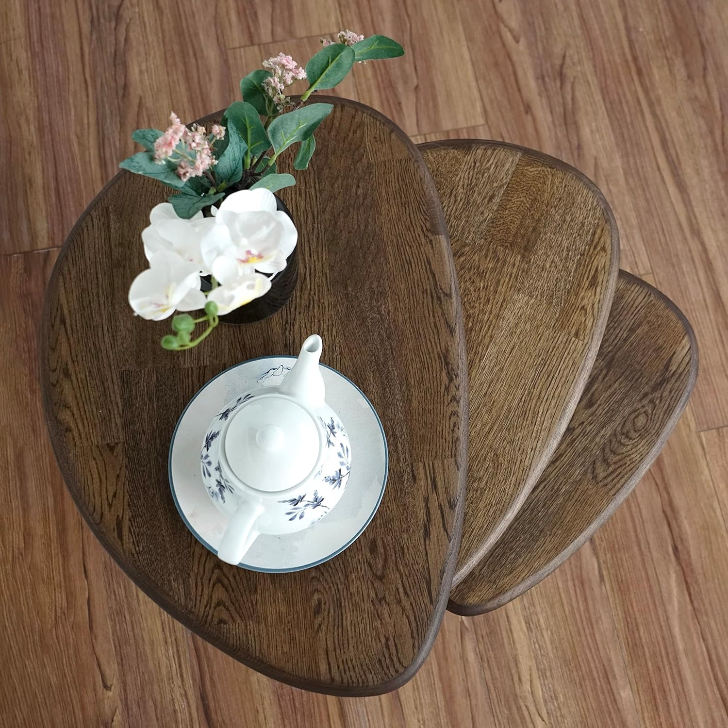 Ultimate Premium Products Solid Nesting Table Set of 3- Oak Mid Century Pebble Tables with Tapered Legs &ndash; Wooden Home Furniture in a Retro Style - Oak - Oak image number 4