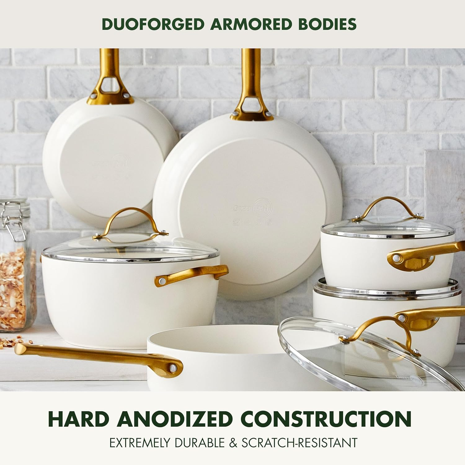 Greenpan Reserve Hard Anodized Healthy Ceramic Nonstick 10 Piece Cookware Pots and Pans Set, Gold Tone Stainless Steel Handle, Pfas-Free, Dishwasher Safe, Oven Safe, Cream White image number 5