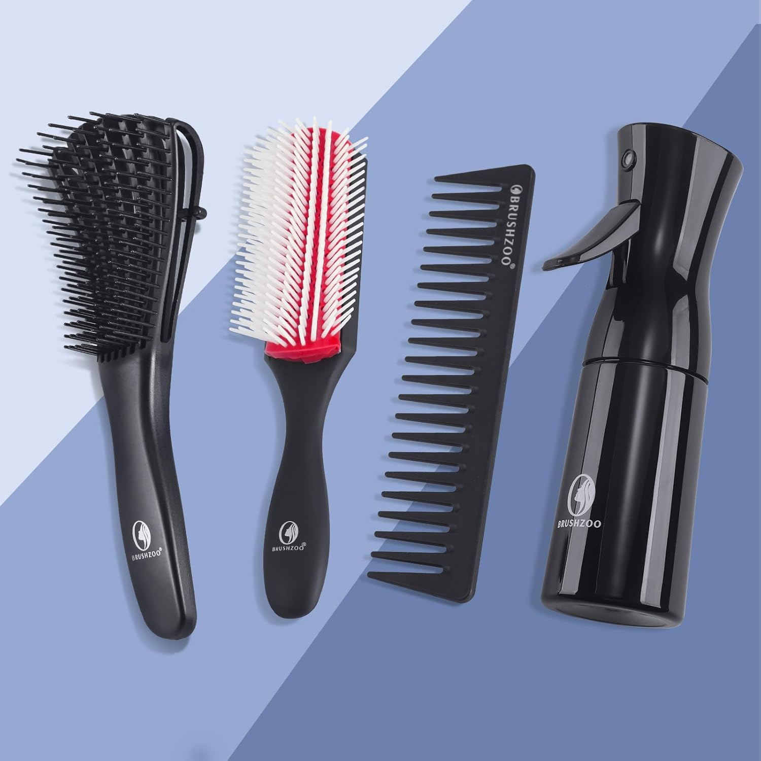 O BRUSHZOO Hair Brush Set, Detangler Brush for Natural 3/4Abc Curly Hair, Hair Brushes for Women Men Kids Detangling Styling with Spray Bottle - Black image number 7