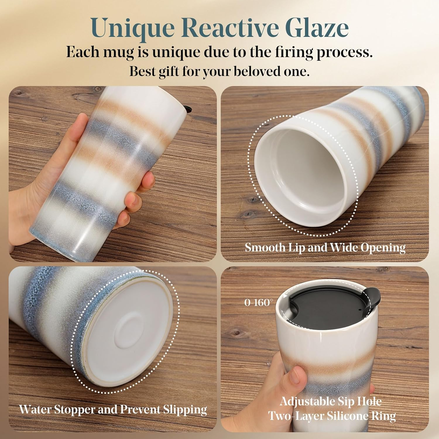 Kopmath Double Wall Ceramic Coffee Mug with Lid, 15Oz Large Travel Coffee Mug, Splash Resistant, Dishwasher Microwave Safe, Fit for Cup Holder, Insulated Cup, Keep Coffee Flavor, Gift