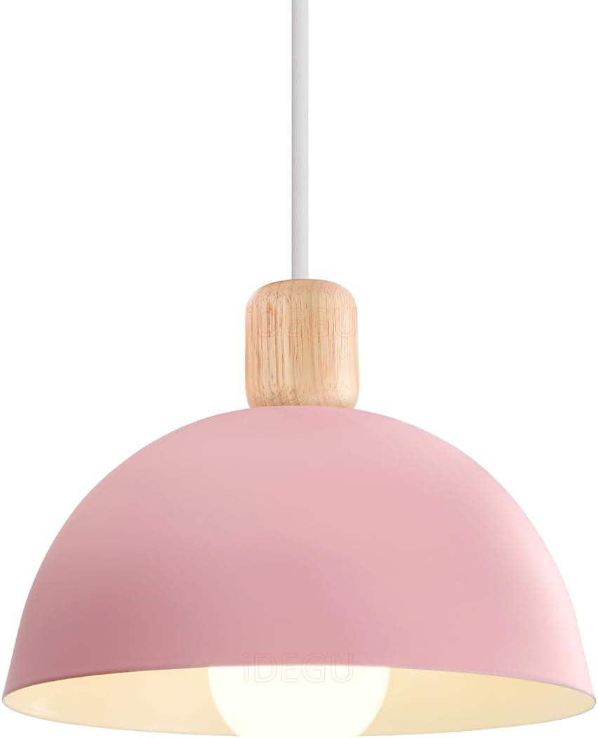 Idegu Diameter 20 Cm Pendant Lamp Retro E27 LED Pendant Light Modern Scandinavian Ceiling Light Made of Metal Wood Pendant Light for Bedroom Dining Room Kitchen Restaurant (Pink, 1 Piece)