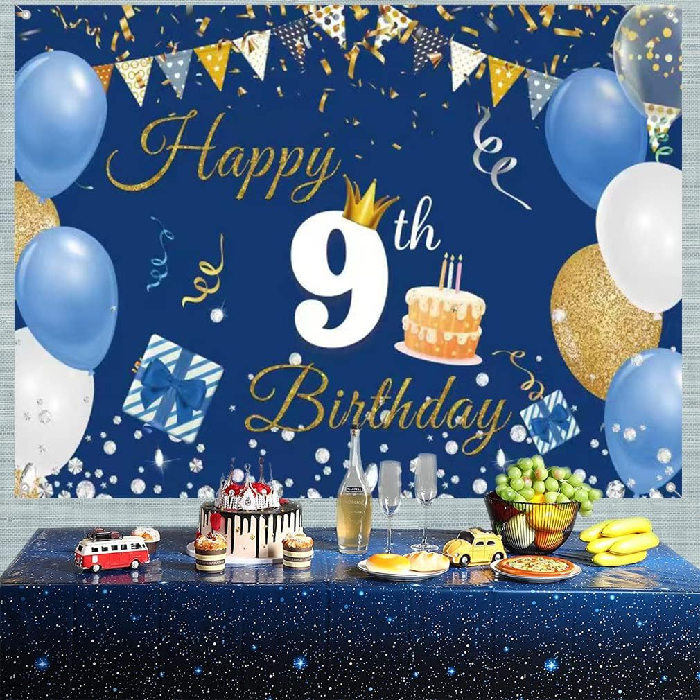 9Th Birthday Decorations for Boys Girls Happy 9Th Birthday Backdrop Banner Happy 9 Years Old Fabric Sign Poster, Blue Photography Background Ninth Birthday Party Supplies, 59"X35.4" image number 2