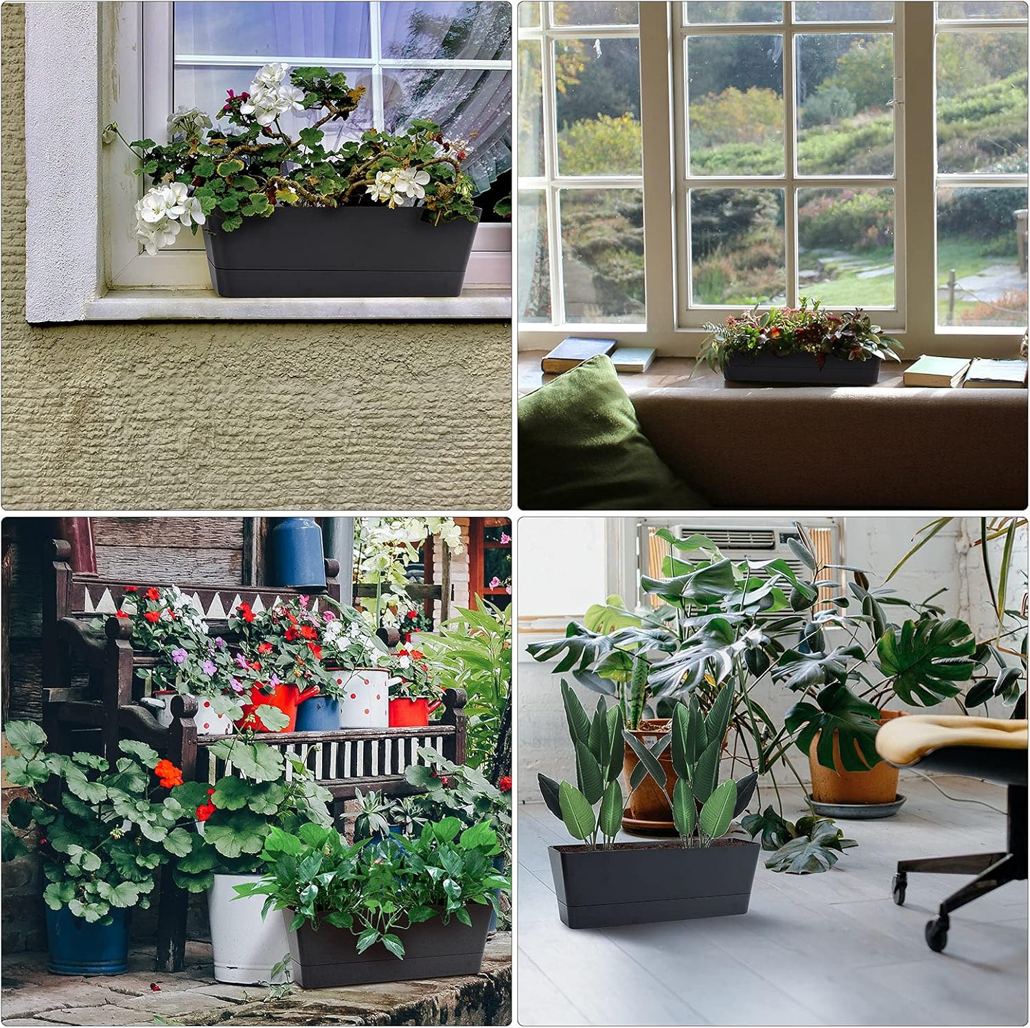 Black Rectangle Window Boxes, Greaner 3 Pack 12X3.8 Inch Herb Planters with Tray, Indoor Succulent Cactus Mint Plastic Pot for Windowsill, Garden Balcony, Office Outdoor Decoration