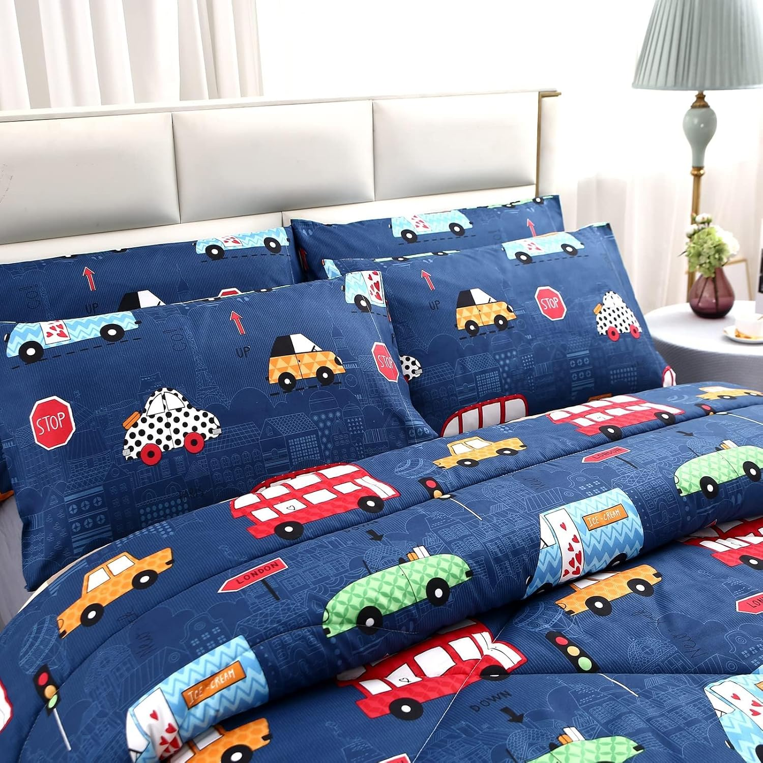 MAG 3Pcs Cartoon Car Bedding Comforter Set, Blue Cute Twin Comforter Set for Toddlers,Kids,Boys Teens and Girls,Super Soft Microfiber,Twin Size image number 5