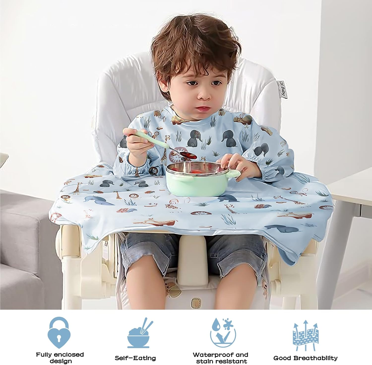 Vicloon Coverall Baby Feeding Bib, Weaning Bib Attaches to Highchair and Table, Long Sleeves Bib with Waterproof - Blue image number 5