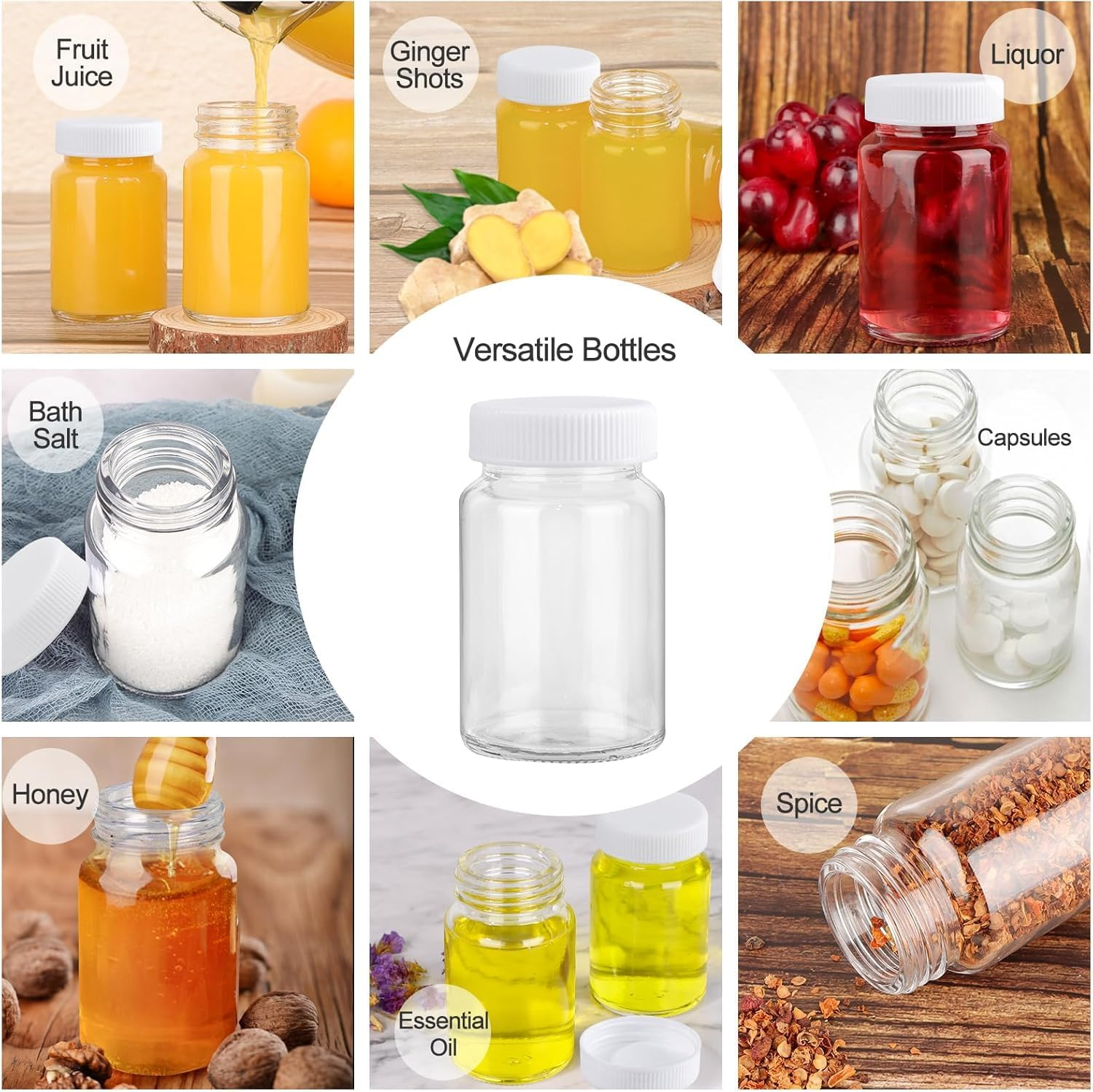 16 Pack 2 OZ Glass Shot Bottles with Caps, 60 ML Empty Wellness Juice Bottles for Freezer Mini Water Bottle Containers for Drink Milk Beer Coffee Liquid Beverages with 2 Funnels, Lables and Pen