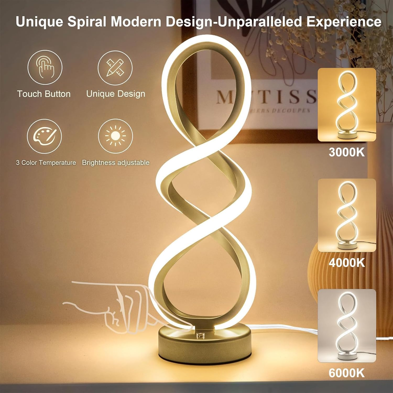 Modern Spiral Table Lamp, Bedside Lamp with Dimmable Metallic Bedside Lamp with Touch Controller, 3 Colour Temperature, Decorative Lamp for Living Room for Bedroom, Living Room, Home Office image number 5