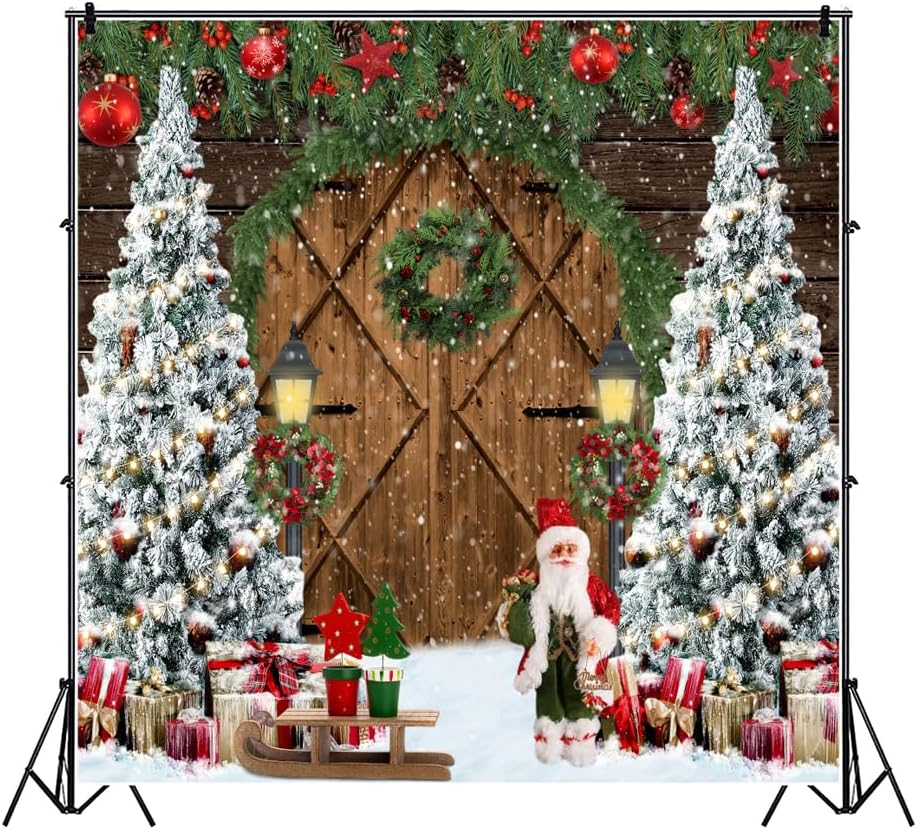 Christmas Backdrop 10X10Ft Wood Barn Winter Christmas Photo Backdrop for Photography Wooden Door Christmas Tree Gifts Snowy Background Kids Adult Family Christmas Eve Party Decoration Props image number 6