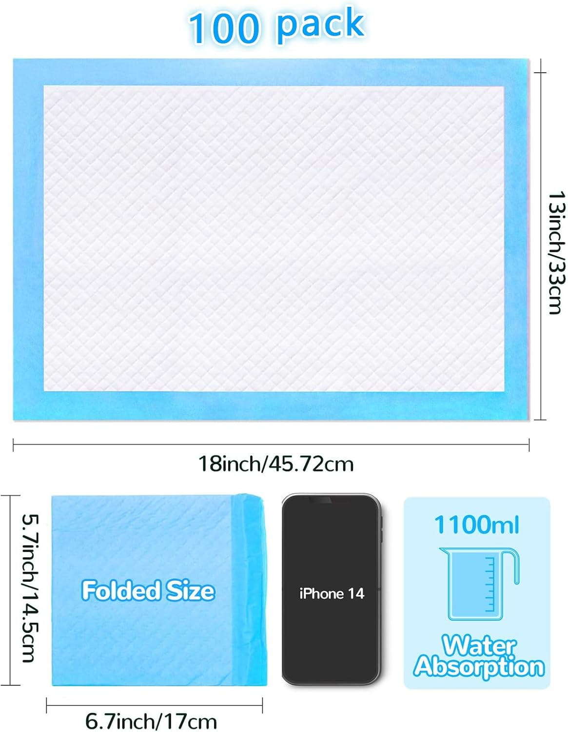 100PCS Disposable Urine Pads ，45 X33Cm Baby Change Mat Baby Diaper Changing Pads with Breathable Absorbent Leakproof Quick Drying Features Waterproof Adults Underpads Bed Table Protector Mat