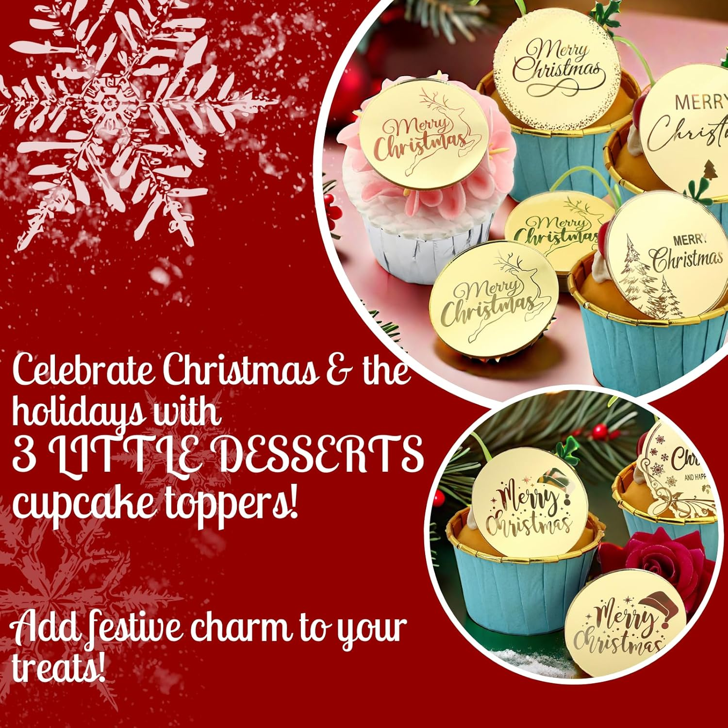 3 LITTLE DESSERTS Engraved Acrylic Cupcake Toppers - Set of 6 - Christmas Cupcake Toppers - Reusable Cupcake Discs - Christmas Cake Toppers - Christmas Party Decorations - Bell Christmas - Gold.. image number 6