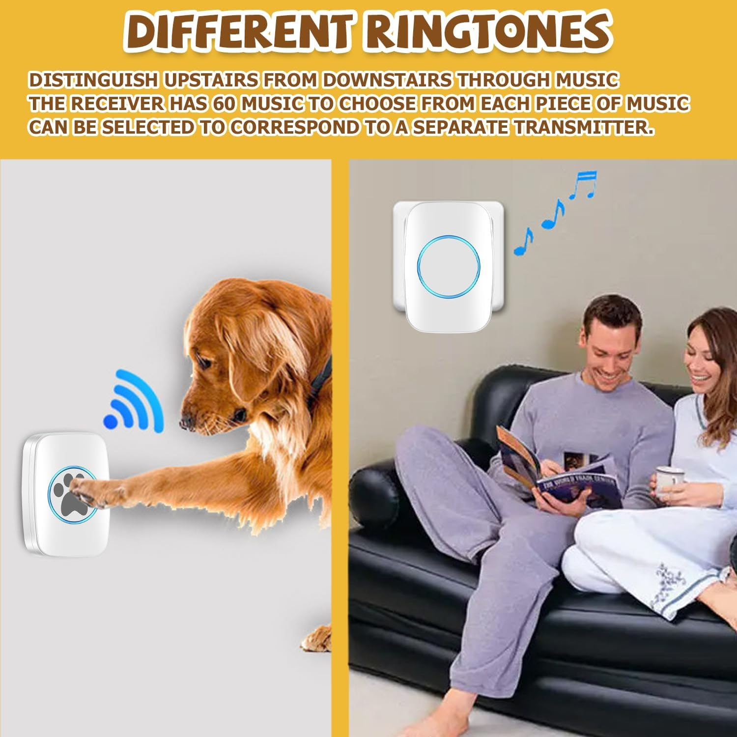 Nizirioo Wireless Training Bells for Pets: IP44 Waterproof Door Bell, Cat Bell with 60 Ringtones and 5-Level Volume Control, Dog Bell (1 X Receiver + 1 X Touch Doorbell) image number 5