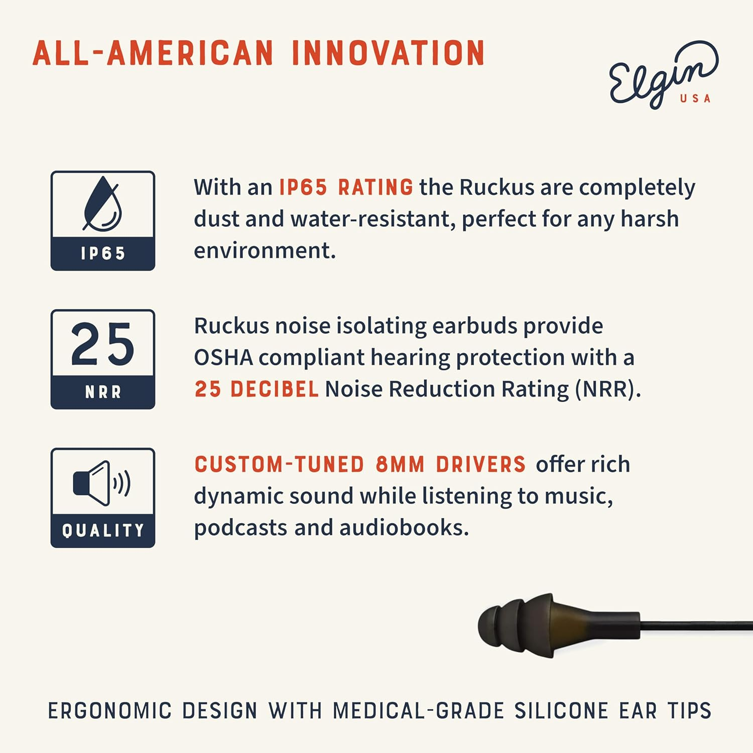 Ruckus Earplug Earbuds | OSHA Compliant Noise Reduction In-Ear Headphones : Isolating Ear Plug Earphones Stealth Black image number 3