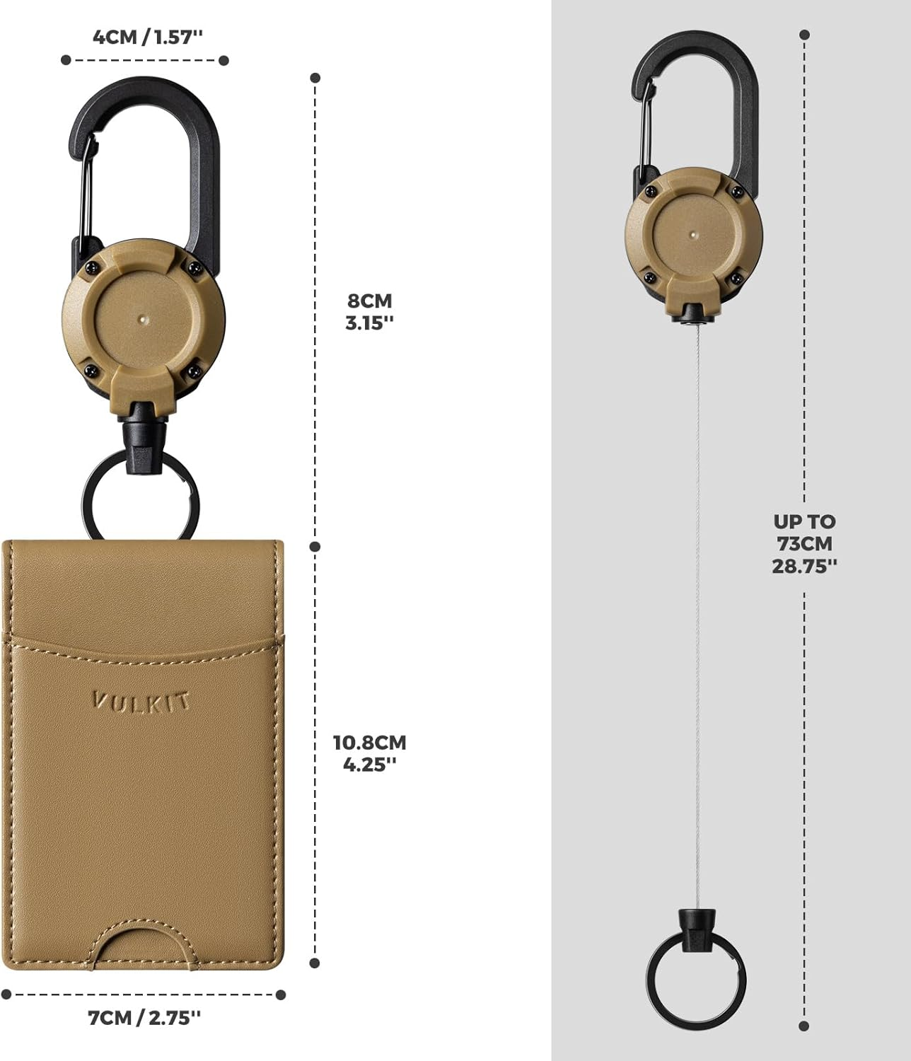 VULKIT Badge Holder Retractable Clip, Leather Bifold Double ID Card Holder, Retractable Keychain Carabiner, Holds 5 Cards, Keys Khaki - Khaki image number 6