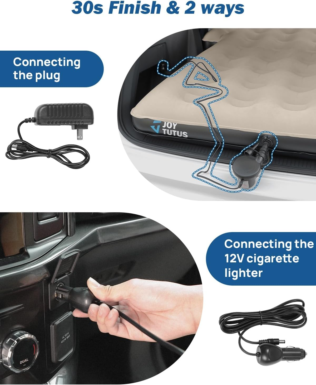 JOYTUTUS SUV Air Mattress Camping Bed,3.0 Thickened Flocking Car Camping Inflatable Mattress,Anti-Leakage,With 2 Pillows & Electric Pump Universal Car Bed for SUV Trunk and Rear Seat,Camel - Grey Blue image number 5