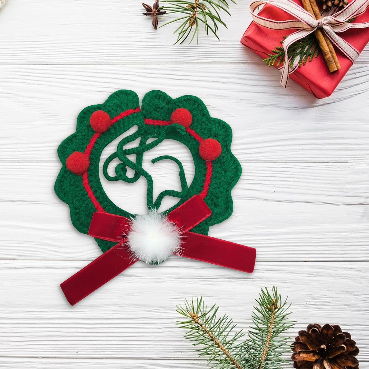 Christmas Pet Collar Cat Puppy Christmas Hand Knitted Collar Bow Tie Cat Soft Adjustable Pet Scarf Winter Cat Neck Warmer Christmas Costume Gift for Puppies Cats (Green) image number 1