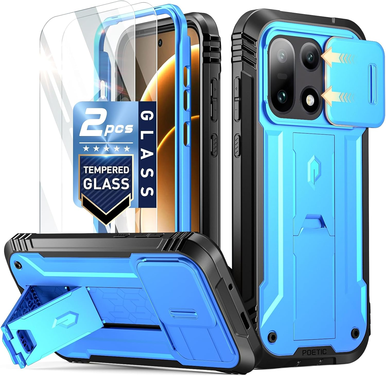 Poetic Revolution Case for Oneplus 15 5G, | Slide Camera Cover | 2 Tempered Glass Screen Protector | 20FT Mil-Grade Drop Tested | Full-Body Rugged Dual-Layer Shockproof Case with Kickstand, Black