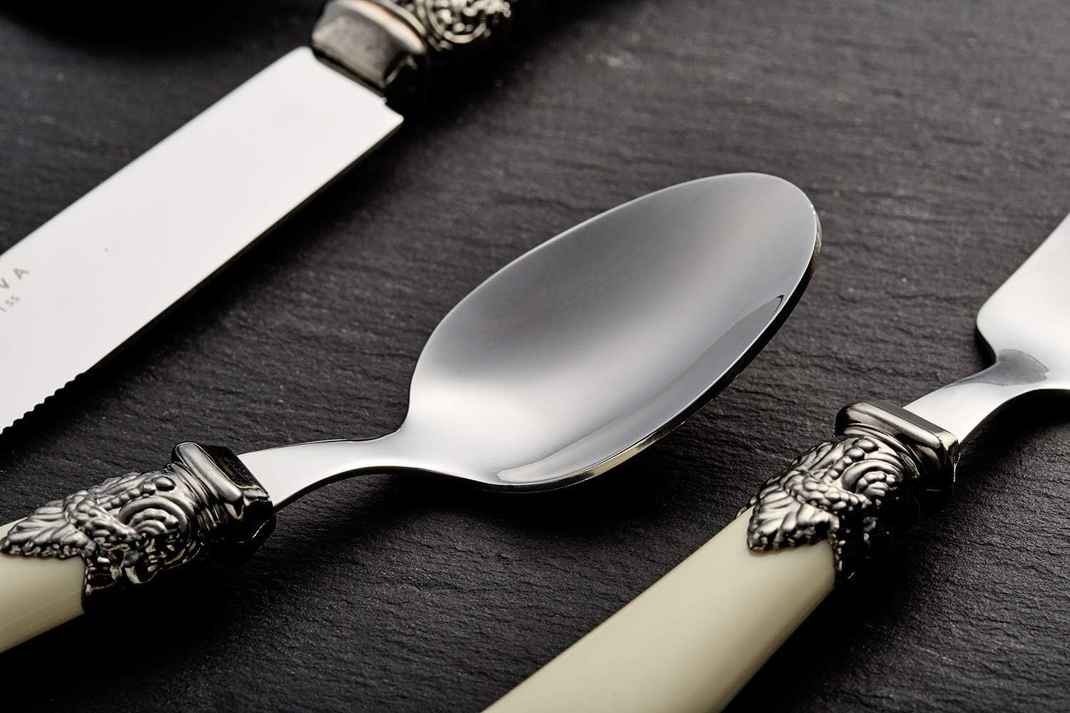 Annova Flatware 24 Pieces Set/Stainless Steel Vintage Silverware/Cutlery Set, Ivory Color, Dinner Knife/Dinner Fork/Dinner Spoon/Dessert Spoon, Mirror Polished, Service for 6 - Cream/Ivory Vintage image number 4