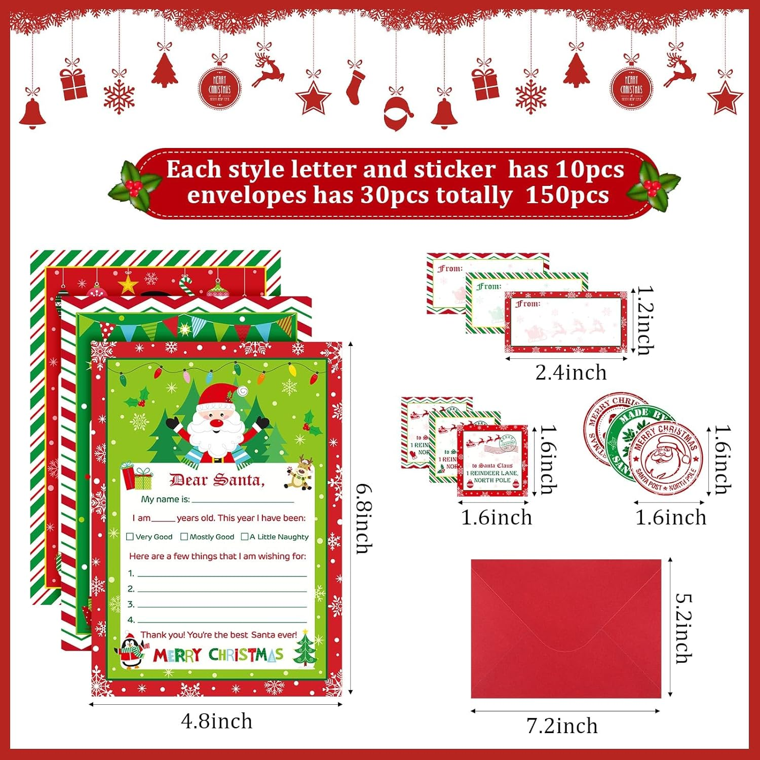 Harloon 150 Pcs Letter to Santa Writing Kit Christmas Wish List Snowman Elf Xmas Letter Paper Stationery with Sticker Nice Naughty Snowflake Envelopes Christmas List for Holiday Greeting Supplies image number 6
