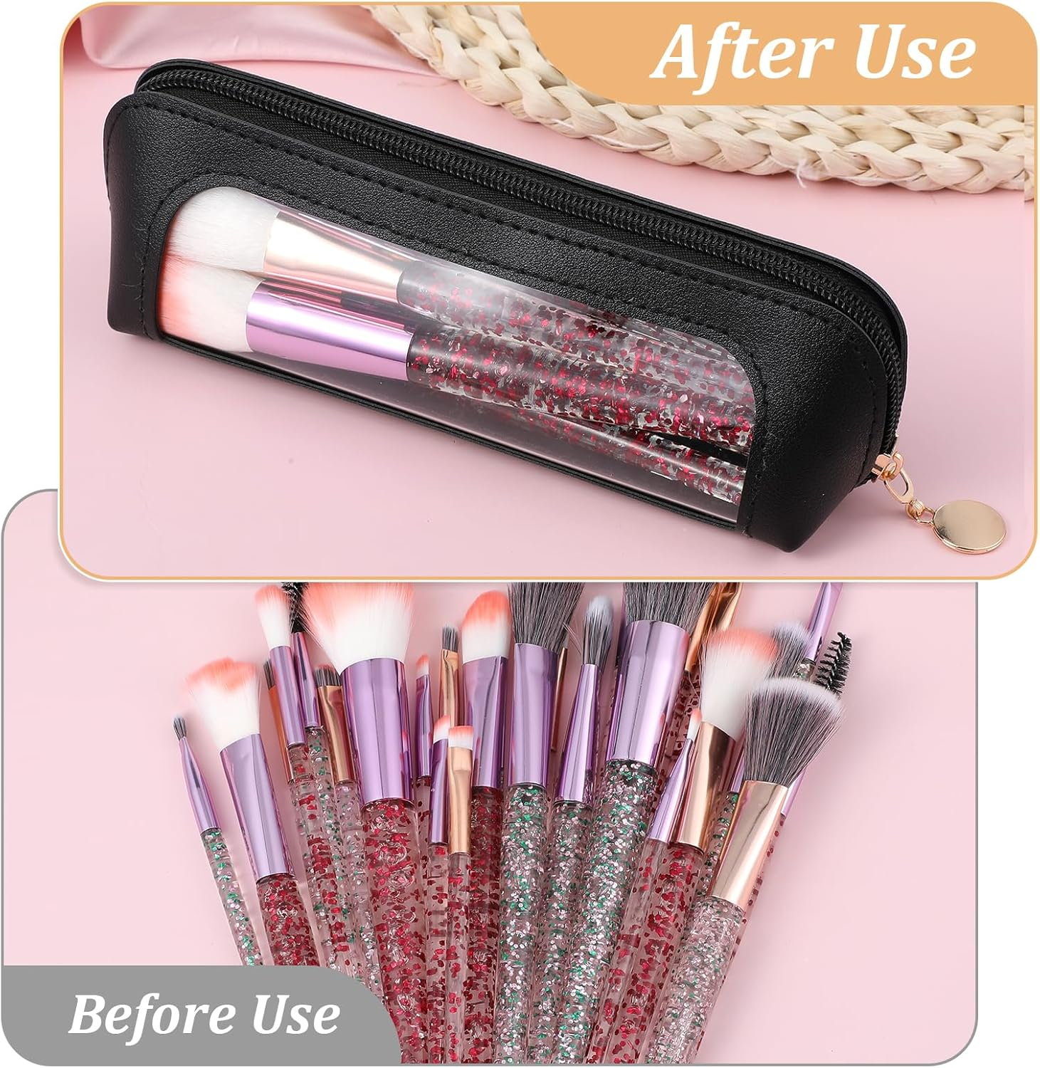 Clear Makeup Bag, Portable Transparent Cosmetic Organizer, PU Leather Makeup Brush Holder, Waterproof Travel Toiletry Pouch with Zipper for Women, Slim Makeup Case for Home, Office, Travel, Black image number 2